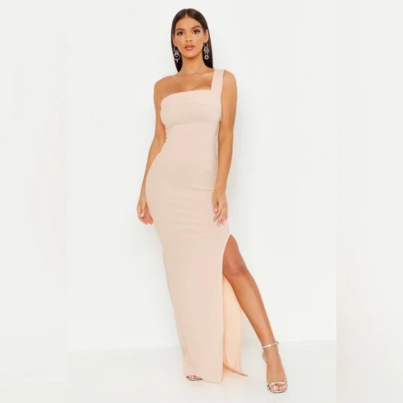 one shoulder thigh split maxi dress Women's Blue Floral Mesh Ruched One Shoulder Thigh Split Maxi Dress